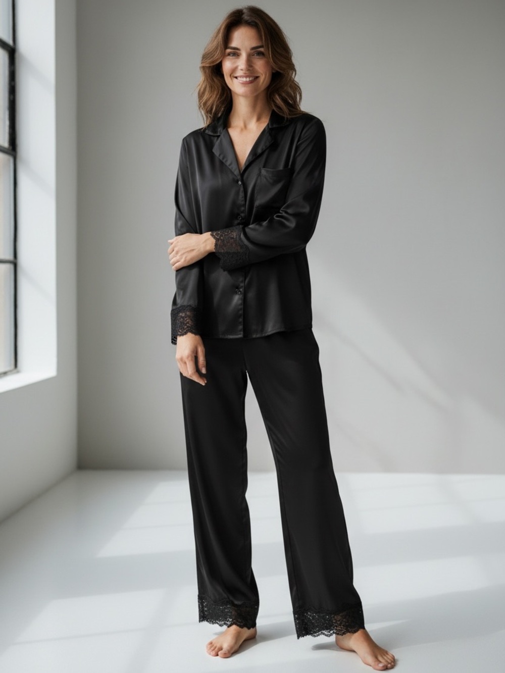 La Vie En Rose Black Satin Lace-Trim Pajama Set